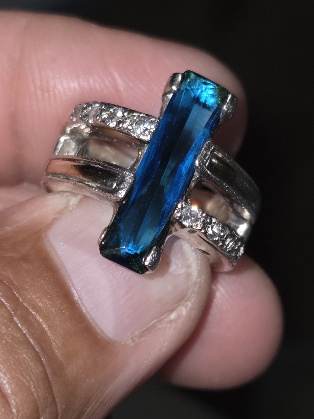 Sterling Silver And 18k Gold  Blue Baguette Crystal Ring with Pavé Accents